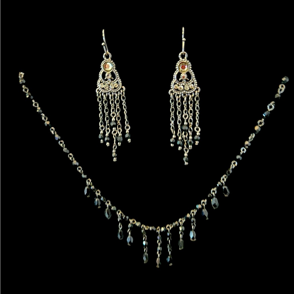 Two Piece 1928 Jewelry Set With Necklace And Matching Dangle Earrings In Black